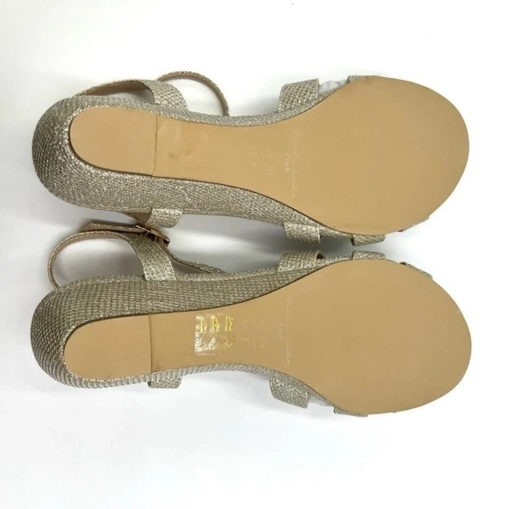 Paradox London Womens Size 7‎ Jackie Low Wedge Champagne Shimmer Dress Sandals